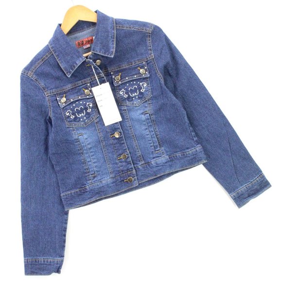 HIP JEANS Womens Denim Jacket Blue Button Down Embroidered Cotton Large L NWT - Picture 3 of 7